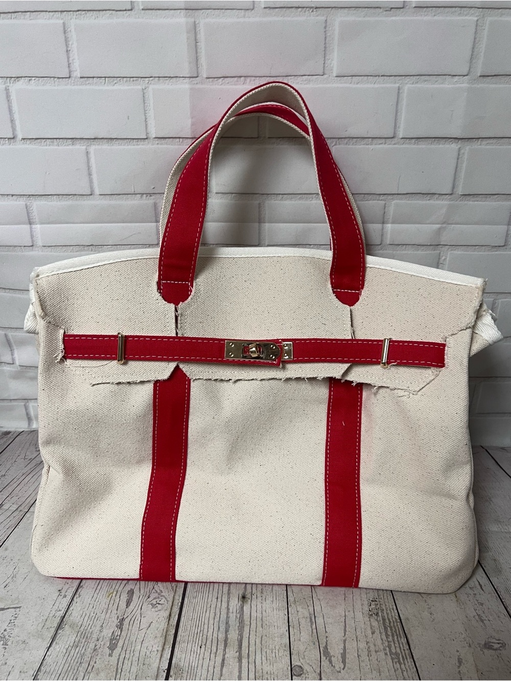 Red Canvas Full Size Boatkin Beachkin Tote Bag Laptop Top Handle Carry